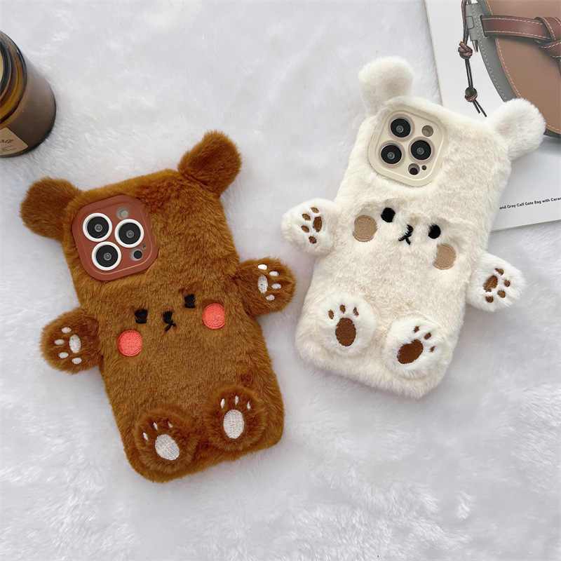 Korean 3D Cartoon Bear Fluffy  - Phone Cases Leather recension och pris